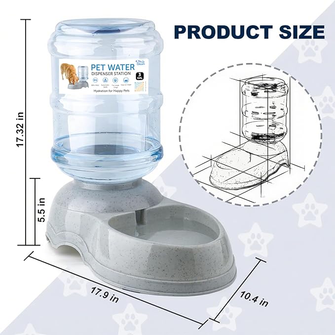 3 Gallon Large Dog Water Dispenser, Automatic Gravity Pet Waterer Station for Large Dogs and Multiple Pets, Indoor/Outdoor Dog Water Bowl with Anti-Slip Base, BPA-Free, Grey
