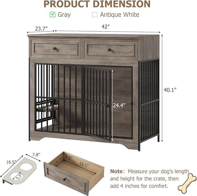 QUW 42" Modern Dog Crate Furniture, Wooden Dog Kennel for Medium to Large with 360°Rotating & 3-Levels Adjustable Height Dogs Bowl Holder, Decorative Dogs cage Pet House Indoor, Grey
