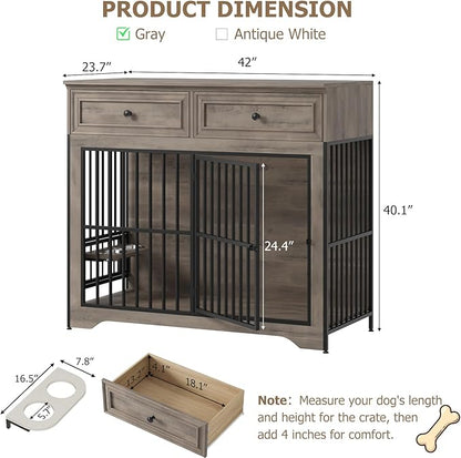QUW 42" Modern Dog Crate Furniture, Wooden Dog Kennel for Medium to Large with 360°Rotating & 3-Levels Adjustable Height Dogs Bowl Holder, Decorative Dogs cage Pet House Indoor, Grey