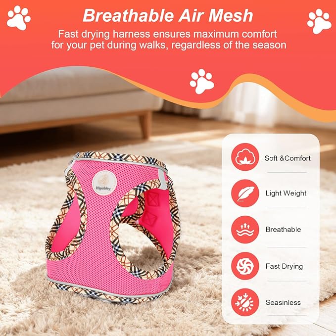 Hipubby Dog Harness Small Sized and Leash Set, No Pull Soft Mesh Puppy Vest, Reflective Breathable Lightweight Pet Harness, Harness for Small Medium Dogs and Cats - Rose Red/Khaki Trim, XS