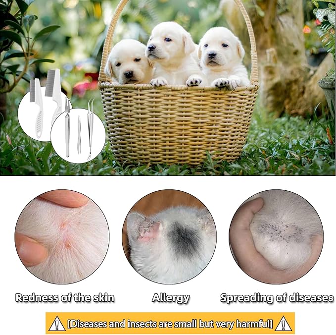 6 pcs Tick Removal Tool kit for Pets, 3 Stainless Steel Tick Tweezers with Storage Pouch and 2 Tick Comb Grooming Tools for Cats & Dogs Safe Tick Control Puller for Removal of Ticks Fleas