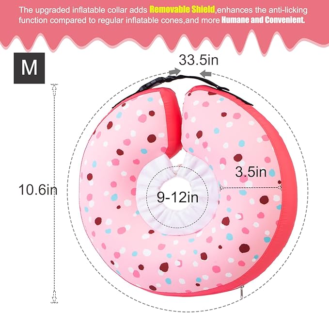Dog Cone Collar Inflatable Donut for Large Medium Small Dogs, Soft Waterproof Dog Cone Alternative After Surgery Prevents Licking Wounds Easy Clean (Pink, M (Neck 9"-12"))