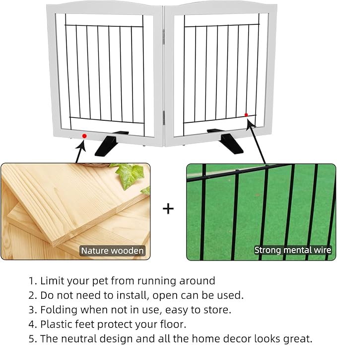 ZJSF Freestanding Dog Fence Indoor, Foldable Dog Gate for Doorways, Stairs or Hallways, Sturdy Wood Extra Wide Pet Gate with Support Feet for The House, White, 24 "Height-2 Panels