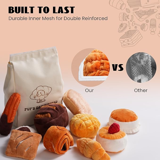 Nocciola Squeaky Bread Stuffed Dog Toys Pack - Puppy Toys with Grocery Bag to Keep Them Busy, Small Dog Toys for Boredom, Durable Snuffle Dog Toys for Small Medium Breeds Pet Gift