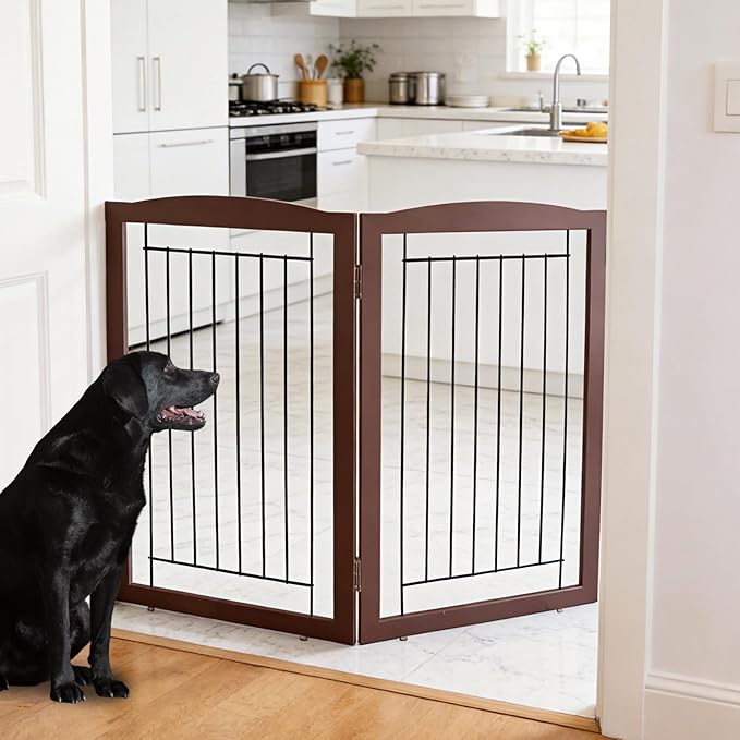 ZJSF Freestanding Foldable Dog Gate for House Extra Wide Wooden Indoor Puppy Gate Stairs Doorways Pet Gate Tall Dog Fence 2 Panels Fence Brown