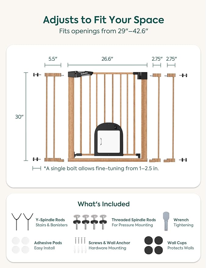 Babelio CatPrivilege Ⅲ Baby Gate with Cat Door, 29"-43" Adjustable Brown Wood Pattern Pet Door, 30" Tall Pressure Mounted Safety Gate for Stairs & Doorways, Auto Close,Wall Protectors Included