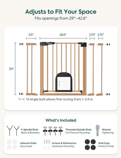 Babelio CatPrivilege Ⅲ Baby Gate with Cat Door, 29"-43" Adjustable Brown Wood Pattern Pet Door, 30" Tall Pressure Mounted Safety Gate for Stairs & Doorways, Auto Close,Wall Protectors Included