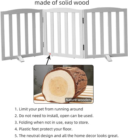 Freestanding Dog Gate Indoor,Doggie Gate Foldable Dog Gates for Doorways,Stairs or Hallways, Wooden White Pet Gate for The House, Pet Fence with Support Feet Included,24 "Height-3 Panels