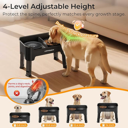 URPOWER Mess Proof Elevated Dog Bowls 4 Height Adjustable Raised Stand with No Spill Water Bowl and Slow Feeder Dog Bowls Non-Slip Food and Water Bowl Set for Small, Medium & Large Dogs