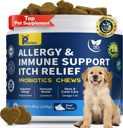 Dogs Allergy & Itch Relief Chews, Dog Probiotics for Skin & Immune Support Helps Relieve Itchy Skin & Ear, Dog Allergy Supplement for Paw Licking, Itching Skin Relief with Colostrum, Fish Oil (Tan)