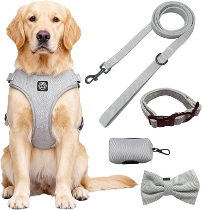 EVERKING 5-Piece Dog Travel Set, Adjustable Harness, Leash, Collar, Poop Bags, Bowtie for Small Medium Dogs, Beige, Breathable No-Pull Design (Slate Gray, L)
