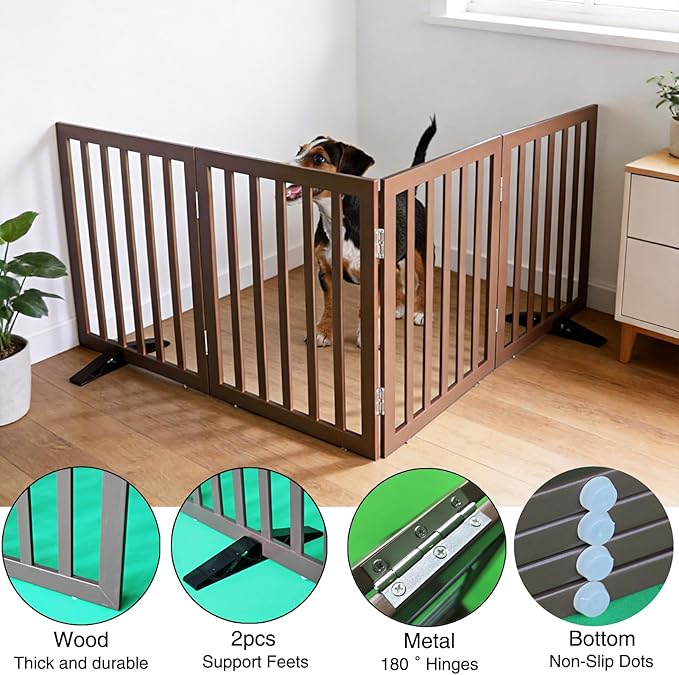 ZJSF Freestanding Indoor Dog Gate for House Foldable Wood Puppy Gate for Doorways Pet Gate for Stairs Extra Wide Pet Fence, Brown, 24" Height 4 Panels