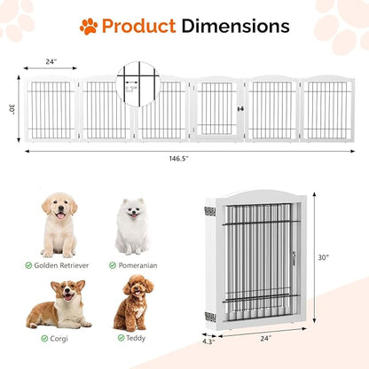 Bonnlo Freestanding Dog Gate, 24" H Pet Gate with 6 Panel Walk Through Door, Foldable Dog Safety Fence for Stairs Doorways Fireplace Up to 146'' Wide (White, 24" H-6 Panels with Door)
