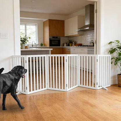 Dog Gate Indoor, Freestanding Dog Fence for The House, Doorways, Hallways,or Stairs,Pet Gate Foldable Wooden,Expandable 32" Height 6 Panels,White