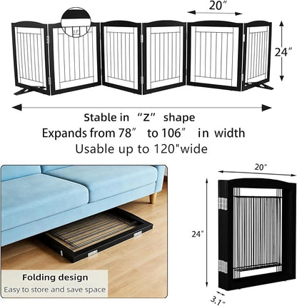ZJSF Freestanding Dog Fence Indoor, Foldable Dog Gate for Doorways, Stairs or Hallways, Sturdy Wood Extra Wide Pet Gate with Support Feet for The House, Black, 24 "Height-6 Panels