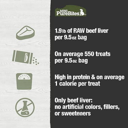 PureBites Mini Beef Liver Freeze Dried Dog Treats, 1 Ingredient, Made in USA, 9.5oz