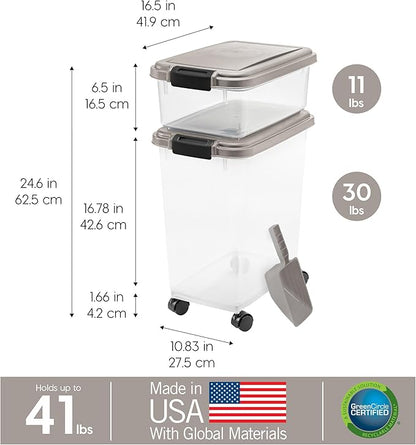 IRIS USA 30 lbs & 11 lbs Combo Airtight Dog Food Storage Container, Stackable Treat Box, 2-Cup Scoop, Wheels, Keep Fresh, Easy Mobility, Chrome