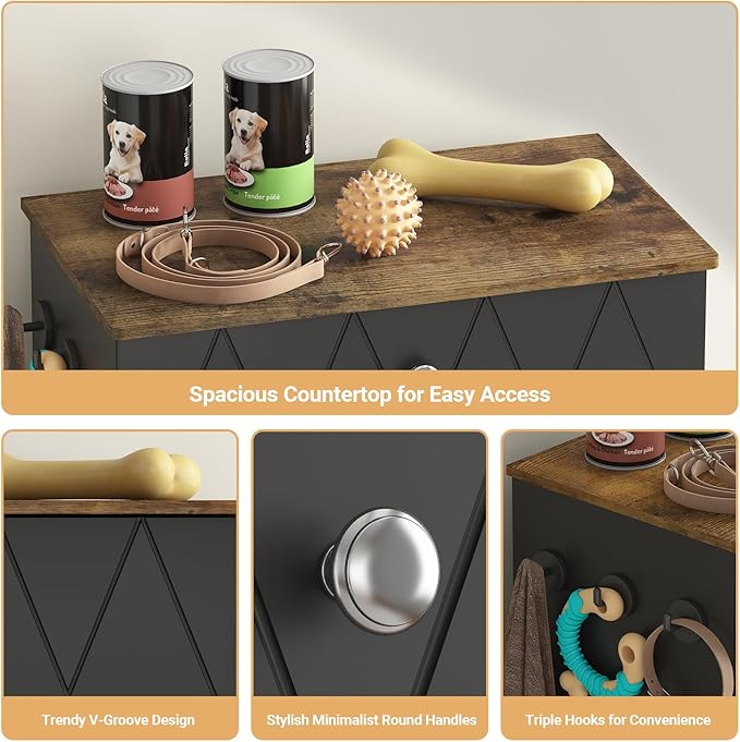 Pet Feeding Station with Storage, Raised Dog Bowls, Pet Feeder Cabinet, with Adjustable Shelves, Rolling Drawer, Hooks, for Feeding & Watering Supplies (Black)