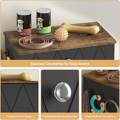 Pet Feeding Station with Storage, Raised Dog Bowls, Pet Feeder Cabinet, with Adjustable Shelves, Rolling Drawer, Hooks, for Feeding & Watering Supplies (Black)