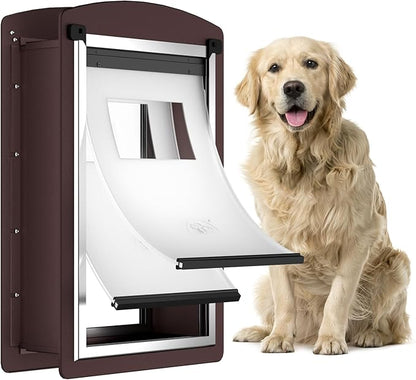 Dog Door for Wall, Large Dog Door with Double Lock Panels, Steel Frame and Telescoping Tunnel, Doggie Door for Interior and Exterior Wall, Up to 100lbs, Coffee Color