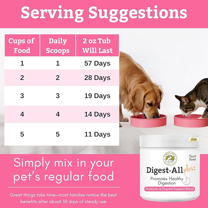 Wholistic Pet Organics Daily Cat & Dog Probiotics for Digestive Health, Anti Diarrhea & Gut Support - Probiotics for Dogs with Digestive Enzymes & Prebiotic Fiber - Cat Probiotic - 2 Oz - 57 Scoops