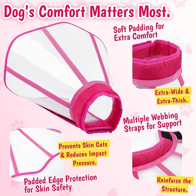 Adjustable Deep Dog Cone Collar for Dogs to Stop Licking, Soft Transparent E Collar for Medium Dogs After Surgery, Comfort Wound Recovery Cones with Padding, Foldable & Easy-Clean Pet Cone(Rosered, M)