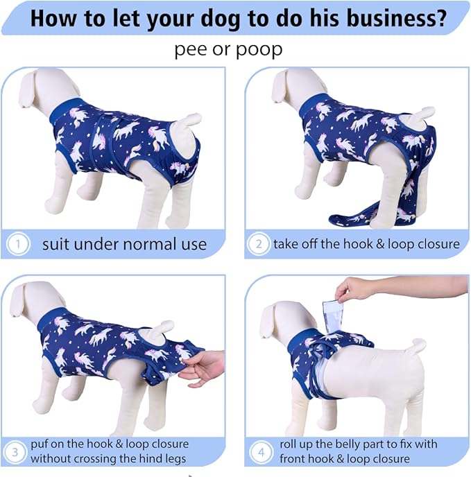 PetWarm Dog Bodysuit for Aftercare, Shirts for Dogs, Dog Cone Alternative, Recovery Suit for Dogs Post Spay or Neuter Surgery, Full Body Coverage with Cozy Fit, Unicorn Pattern, Blue, M