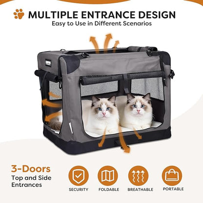 JESPET Soft Cat Crates Kennel, 3 Door Soft Sided Folding Travel Pet Carrier with Straps and Fleece Mat for Dogs, Cats(Dark Grey, Medium(27" L x 20" W x 20" H))
