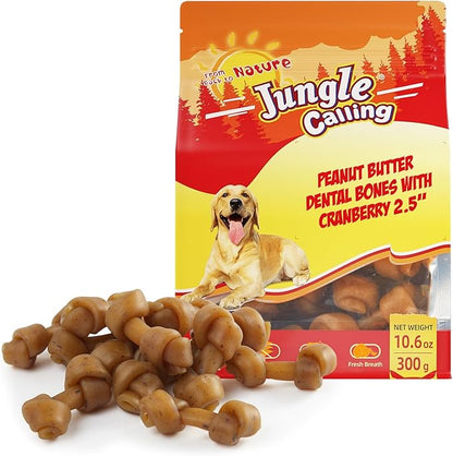 Jungle Calling Peanut Butter Dog Treats, Dental Puppy Chews, Rawhide-Free Bones for Small Dogs, 2.5'', About 15 Count