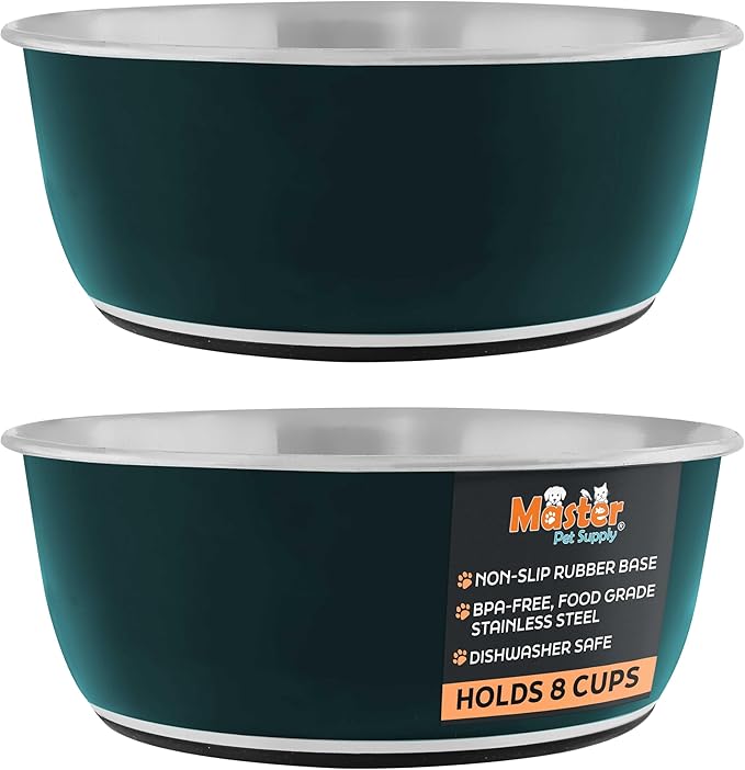 Master Pet Supply Stainless Steel Dog Bowls Set of 2 (64 Oz Each) with Non-Slip Rubber Base - Emerald Sea - Basic Dog Food Bowl Water & Food Bowls for Small Medium Large Dogs & Cats, Metal Dish
