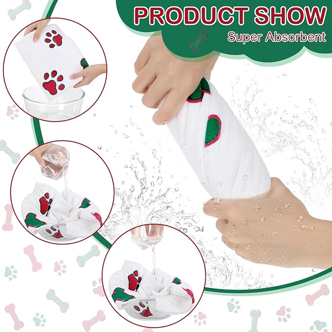 Chumia 8 Pcs Dog Towels for Drying Dogs Cats Pet Towels Bulk Puppy Microfiber Fast Drying Paw Bath Bathing Supplies Absorbent for Medium Pets(40 x 24 Inch,Dog Paw and Bone,Red Green)