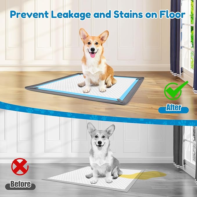 Puppy Pad Holder, 24” x 24” Dog Pee Pad Holder Tray with 4 Magnetic Clips, No Spill Raised Edge Indoor Silicone Dog Potty Trays, Leak-Proof Square Dog Toilet Training Pads Mat for Floor Protection