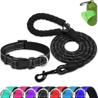 Dynmeow Reflective Dog Collar and Leash Set, 6FT Strong Climbing Rope Leash with Padded Handle, Adjustable Pet Collar with Soft Neoprene Padding for Puppy Small Dogs, Black, Xs