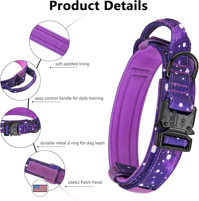 DAGANXI Tactical Dog Collar, Adjustable Military Training Nylon Dog Collar with Control Handle and Heavy Metal Buckle for Medium and Large Dogs, with Patches and Airtags Case (XL, Purple Sky)