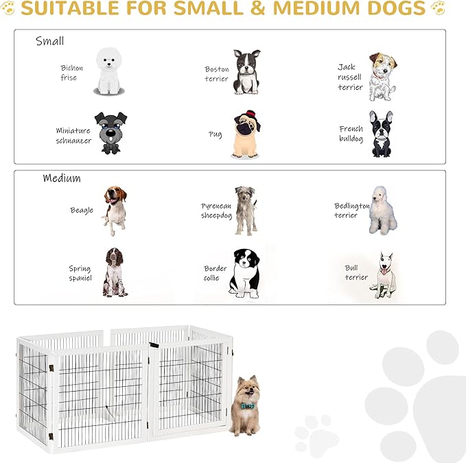 Wooden Dog Gate, 170" Freestanding Pet Gate, 6-Panel Foldable Dog Safety Barrier with 2 Support Feet for House Doorway Stairs, Small and Medium Dogs, White