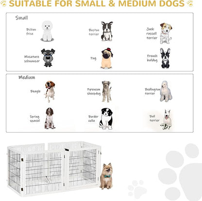 Wooden Dog Gate, 170" Freestanding Pet Gate, 6-Panel Foldable Dog Safety Barrier with 2 Support Feet for House Doorway Stairs, Small and Medium Dogs, White