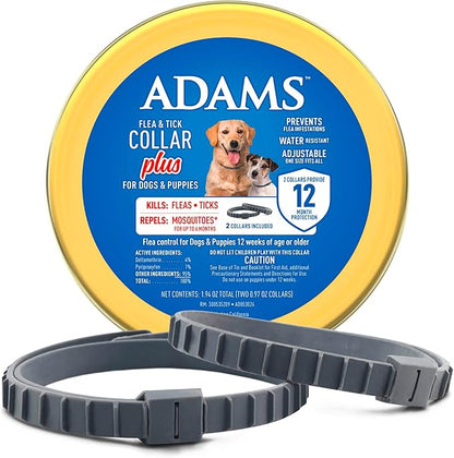 ADAMS Flea & Tick Collar Plus for Dogs & Puppies, 12 Months Protection Against Flea Infestations, Kills Fleas & Ticks, Repels Mosquitoes for Up to 6 Months (Excl. California), One Size Fits All, 2 ct