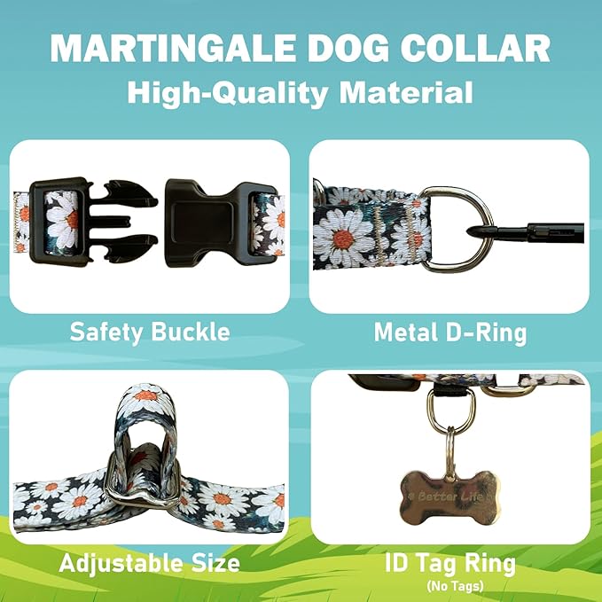 Martingale Collar for Dogs Flower Dog Collars with Quick Release Buckle Adjustable Nylon Soft Dog Collar for Large Dogs, Daisy