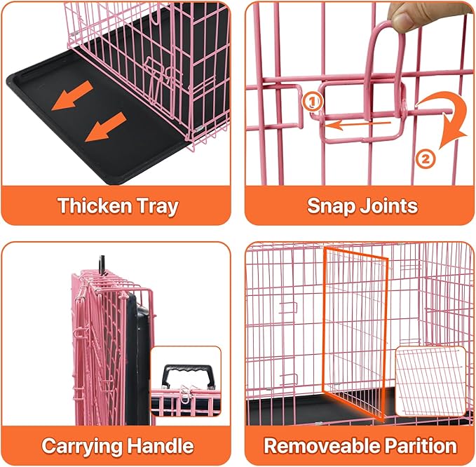 Dog Crate for Large Medium Small Dogs, Folding Dog Kennel Cage with Plastic Tray & Divider 48"/42"/ 36"/ 30"/ 24" Indoor Outdoor Metal Double Door Heavy Duty Dog Pen Enclosure, Pink(48 Inch)