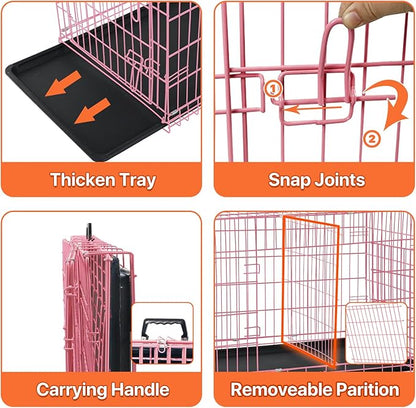 Dog Crate for Large Medium Small Dogs, Folding Dog Kennel Cage with Plastic Tray & Divider 48"/42"/ 36"/ 30"/ 24" Indoor Outdoor Metal Double Door Heavy Duty Dog Pen Enclosure, Pink(48 Inch)