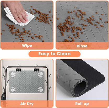 Pet Feeding Mat-Absorbent Pet Placemat for Food and Water Bowl, with Waterproof Rubber Backing, Quick Dry Water Dispenser Mat for Dog and Cat (27"x17", Striped Light Gray)