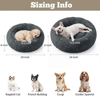 WROS Calming Dog Bed, 20" x 20" x 6" Fits Cat & Dog, Anti-Slip Round Washable Faux Fur for Doze Off, Napping Orthopedic, Dark Grey