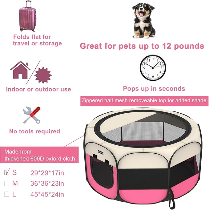 Portable Pet Puppy Dog Cat Playpen, 8-Panel Indoor/Outdoor Puppy Pen with Shade Cover & Travel Bag - Waterproof Dog Cat Tent