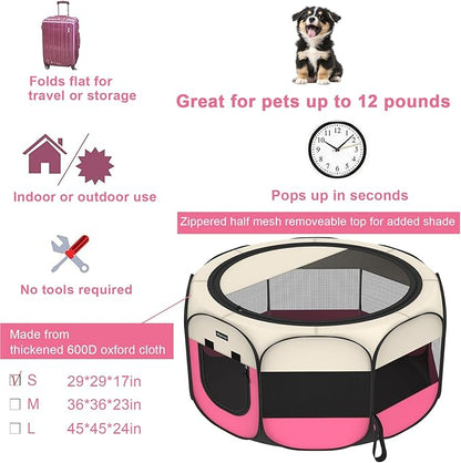 Portable Pet Puppy Dog Cat Playpen, 8-Panel Indoor/Outdoor Puppy Pen with Shade Cover & Travel Bag - Waterproof Dog Cat Tent