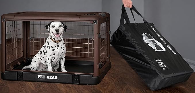 Pet Gear “The Other Door” 4 Door Steel Crate for Dogs/Cats with Garage-Style Door, Includes Plush Bed + Travel Bag, No Tools Required, Coffee Bean, 42 Inch