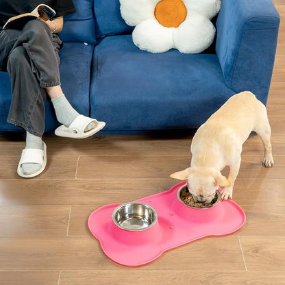 Conlun Medium Pet Feeding Station, 29oz Stainless Steel Dog Bowls Set, No Spill Food & Water Dishes with Non Slip Silicone Mat for Breeds Up to 55 Lbs, Pink