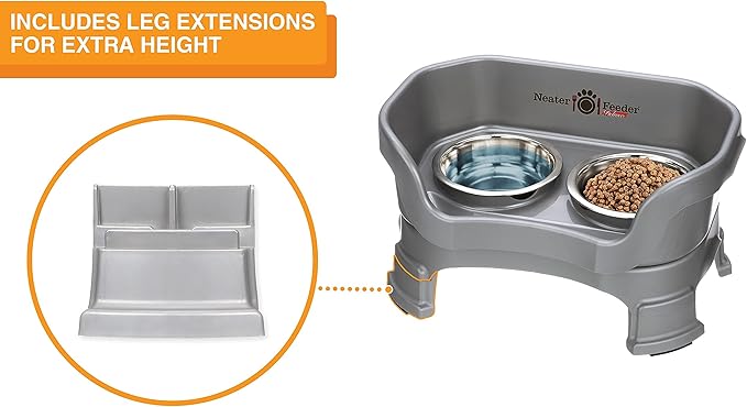 Neater Feeder Deluxe Mess-Proof Elevated Cat Bowls, 2 Height Adjustable (6” & 7.5”) No-Spill Raised Cat Bowl Stand, Whisker Friendly Stainless Steel Dishes for Indoor Cats, Made in USA, Grey