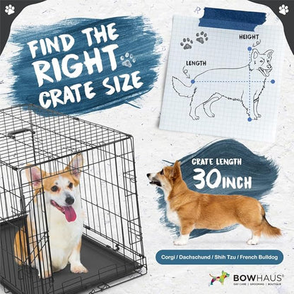 BOWHAUS 30-Inch Single Door Dog Crate Kit Includes Crate Cover and Soft Dog Bed, Indoor Dog Cage with Leak-Proof Pan, Foldable Wire Metal Dog Kennel for Small, Medium Dog