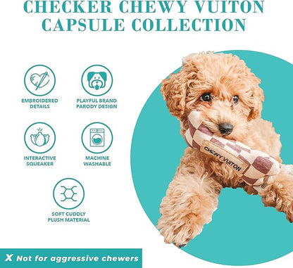 Haute Diggity Dog Chewy Vuiton Bone Ball & Handbag Plush Squeaky Dog Toys, Soft Durable Designer-Inspired Stuffed Puppy Chew Toys for Small & Medium Dogs, Machine-Washable (Tan Checker) One Size 3 Pcs