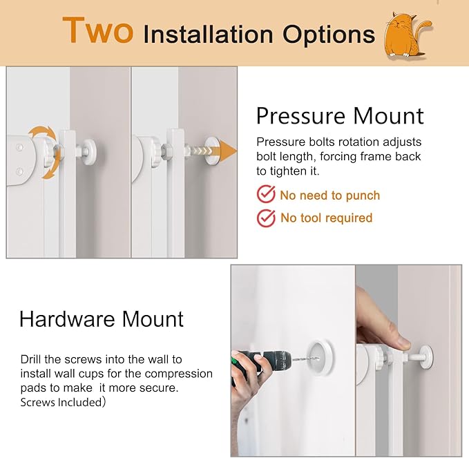 Senneny 63' Extra Tall Cat Gate Auto Close & One-Hand Open, Includes Extension Kits, No Drilling Pressure Mounted and Wall Mounted Kits, Metal Pet Gate Fits Openings 45.2' to 49.2' Wide, White
